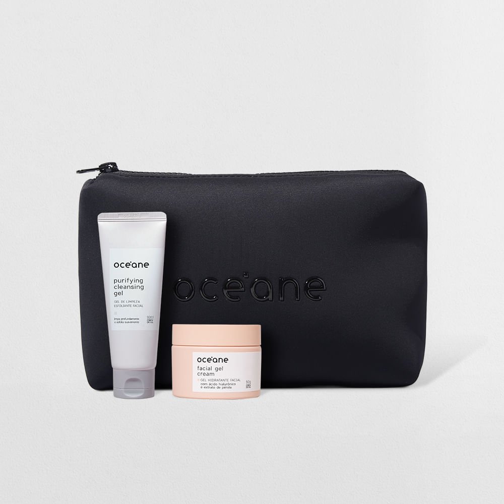 Kit Nécessaire Preto + Gel de Limpeza Esfoliante Facial + Gel Hidratante (3 Produtos)