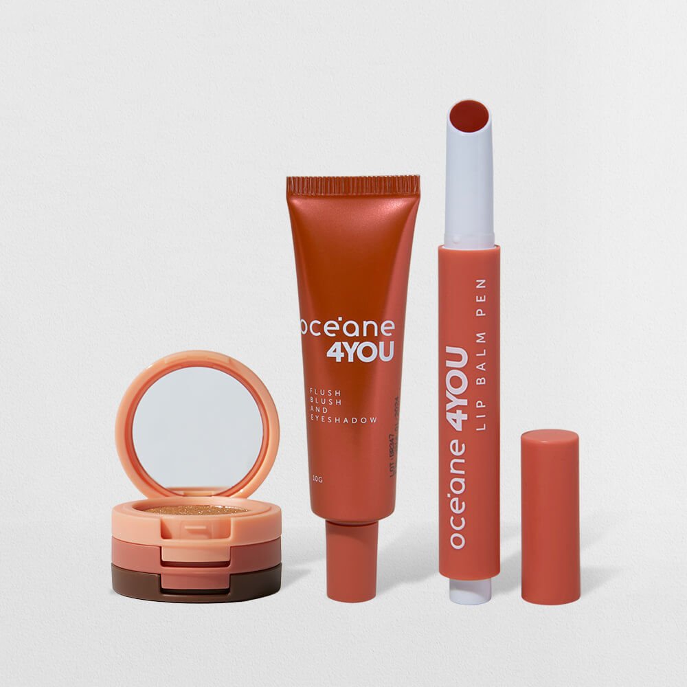 Kit Trio de Sombras + Hidratante Labial Coral + Blush Líquido Laranja 4you (3 Produtos)