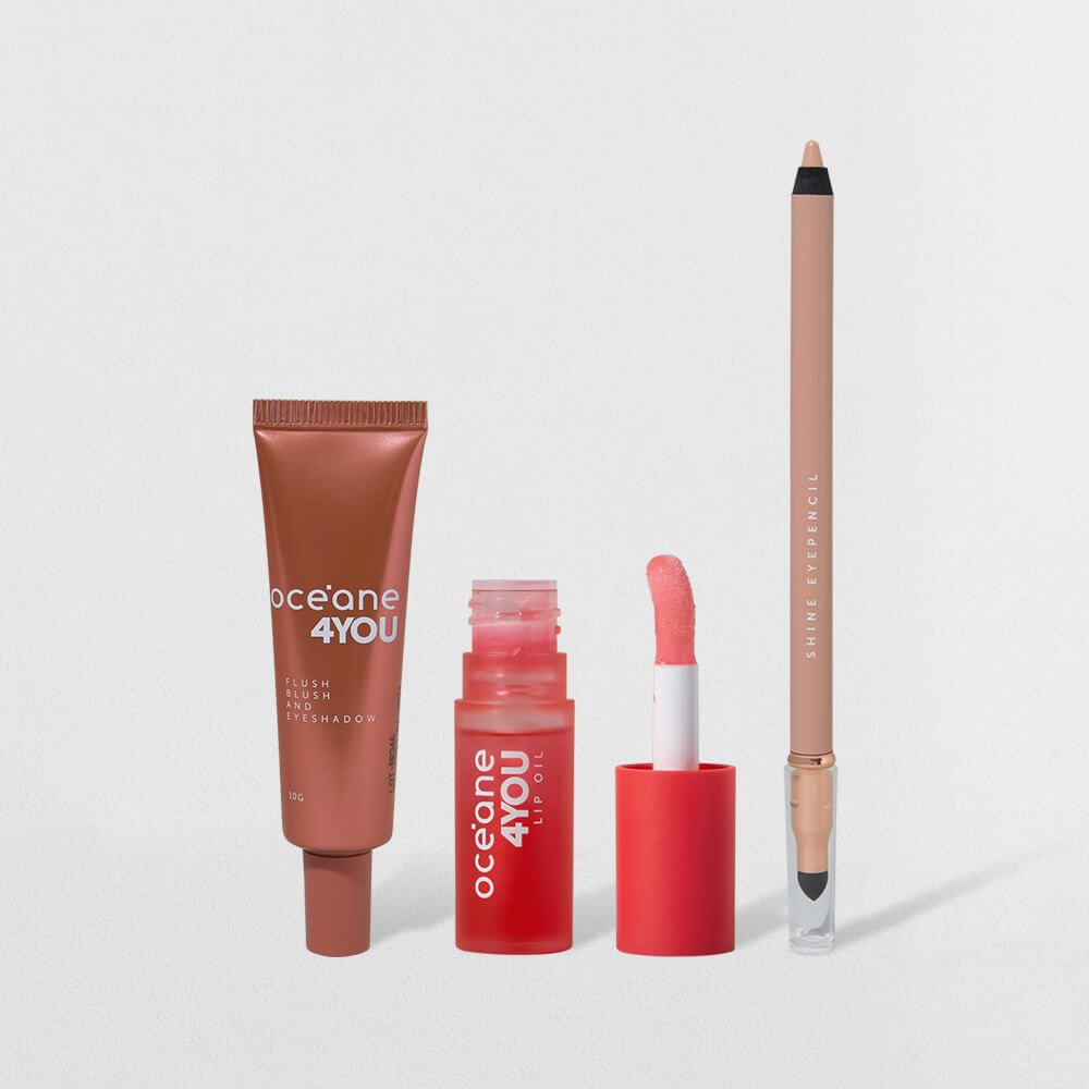 Kit lápis para olhos bege, lip oil rosa e blush coral