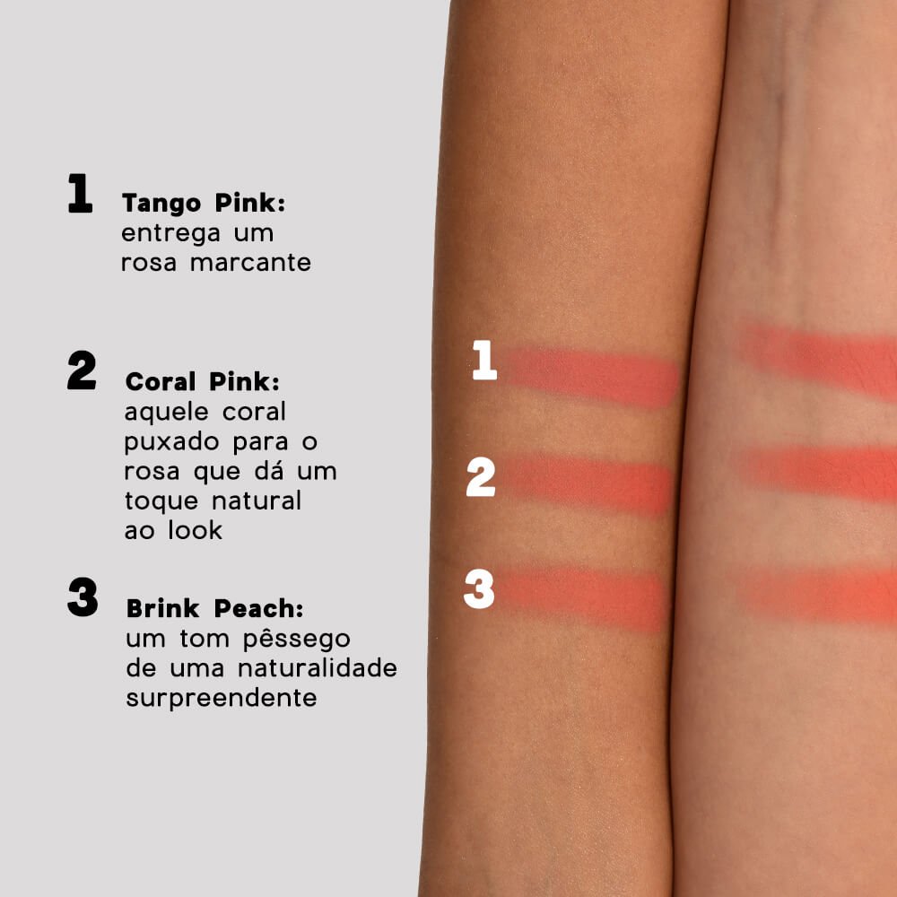 Kit lápis para olhos bege, lip oil rosa e blush coral ÚNICO 8