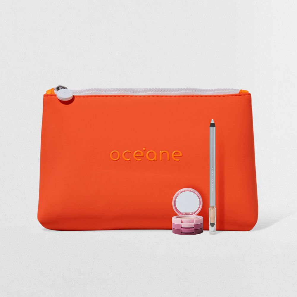 Kit trio de sombras rose, lápis para olhos prata e nécessaire neoprene laranja