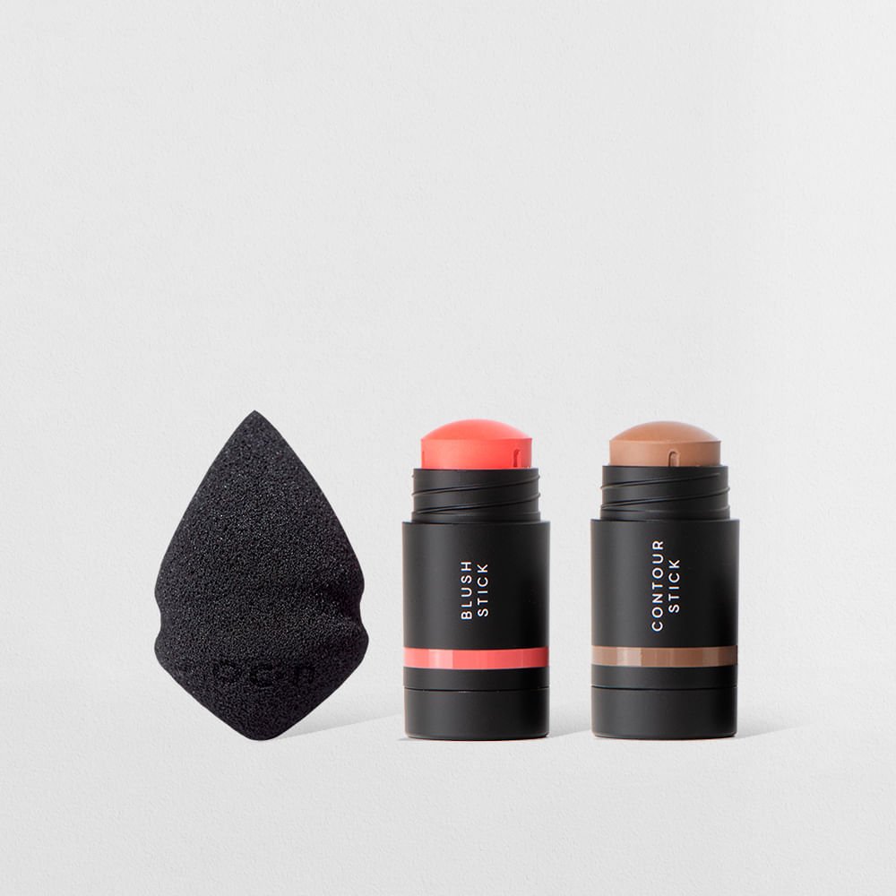 Kit Mini Blush em Bastão Coral + Mini Contorno em Bastão Marrom Médio + Mini Esponja de Maquiagem Océane Edition (3 Produtos)
