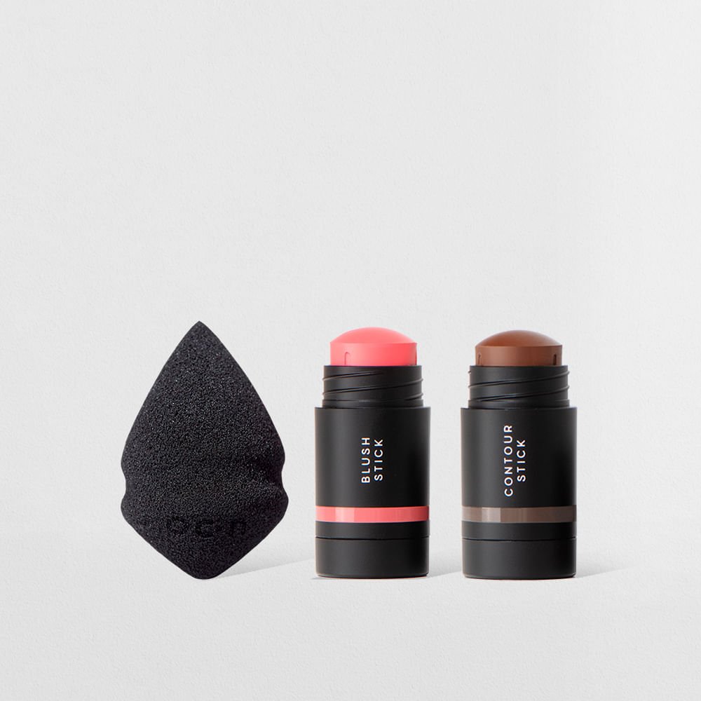 Kit Mini Blush em Bastão Rosa + Mini Contorno em Bastão Marrom Escuro + Mini Esponja de Maquiagem Océane Edition (3 Produtos)