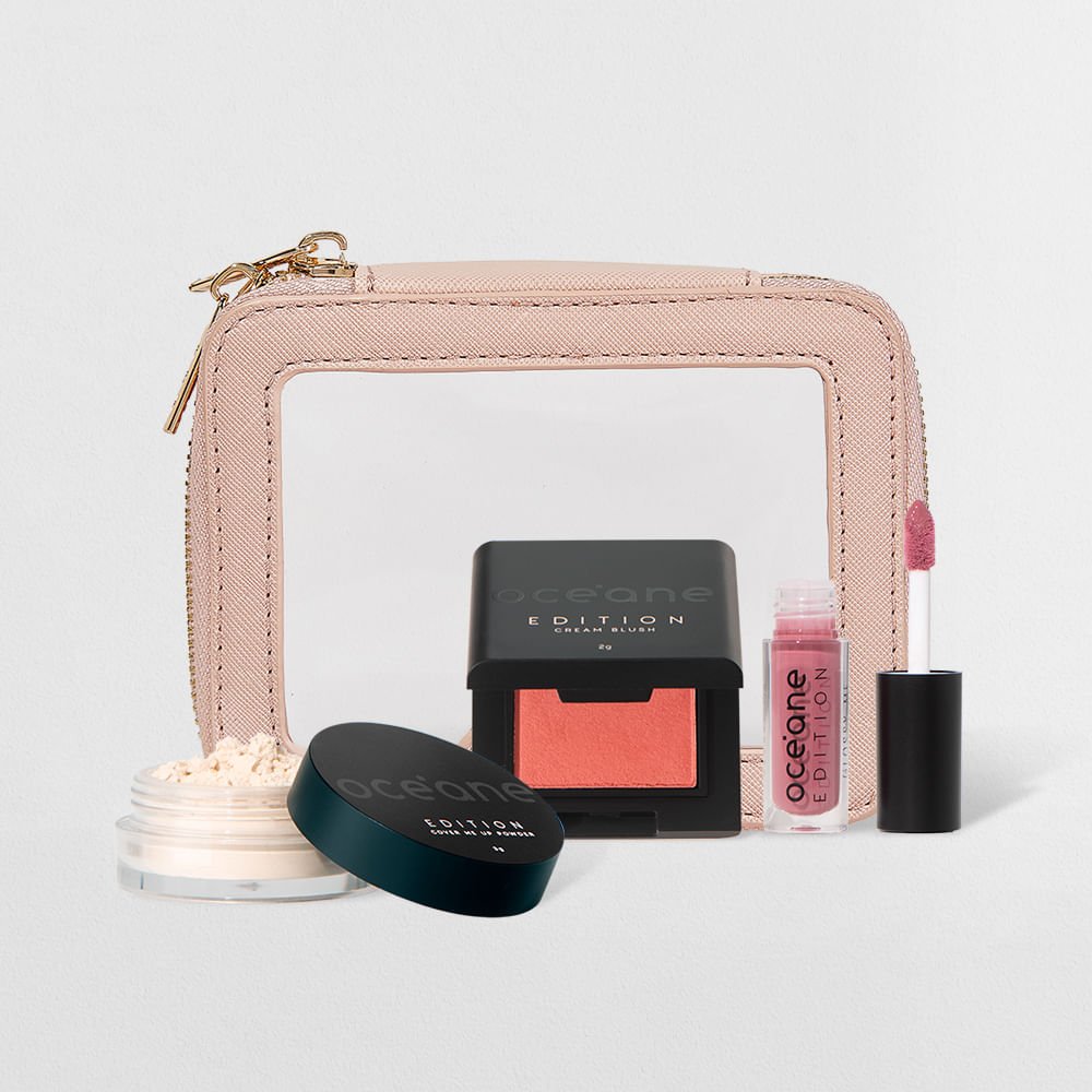 Kit Mini Pó Solto + Kit Mini Blush Cremoso Caramelo + Mini Brilho Labial + Mini Nécessaire Crystal Case Océane Edition (4 Produtos)