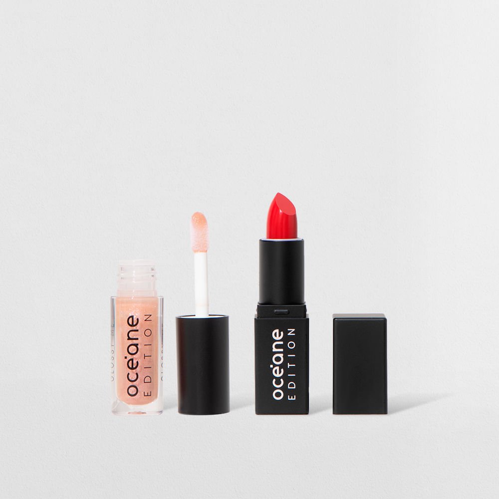 Kit Mini Batom Vermelho Semi-Matte + Mini Brilho Labial Transparente Océane Edition (2 Produtos)