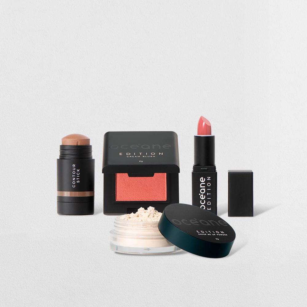 Kit Mini Batom Nude + Mini Blush Cremoso Caramelo + Mini Pó Translúcido Solto + Mini Contorno em Bastão Marrom Médio Océane Edition (4 Produtos)
