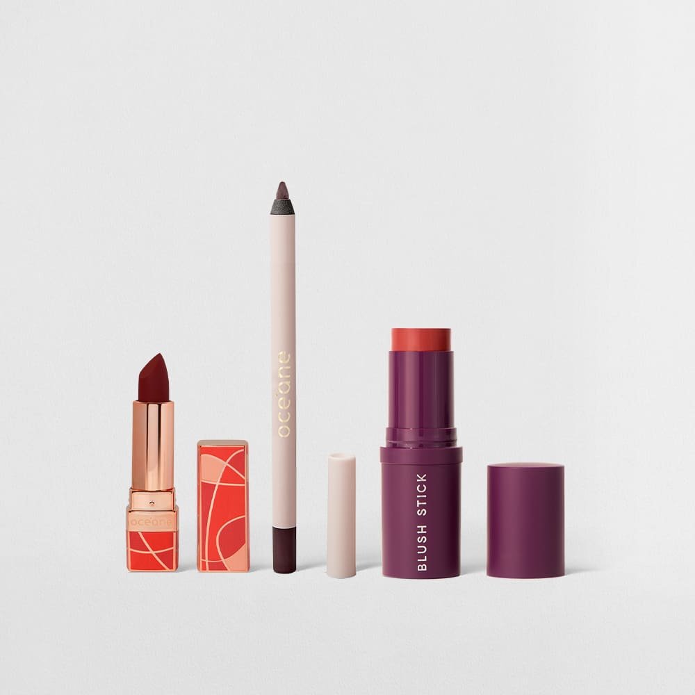 Kit Batom Vinho + Blush em Bastão Vermelho + Lápis para Olhos Bordô (3 Produtos)