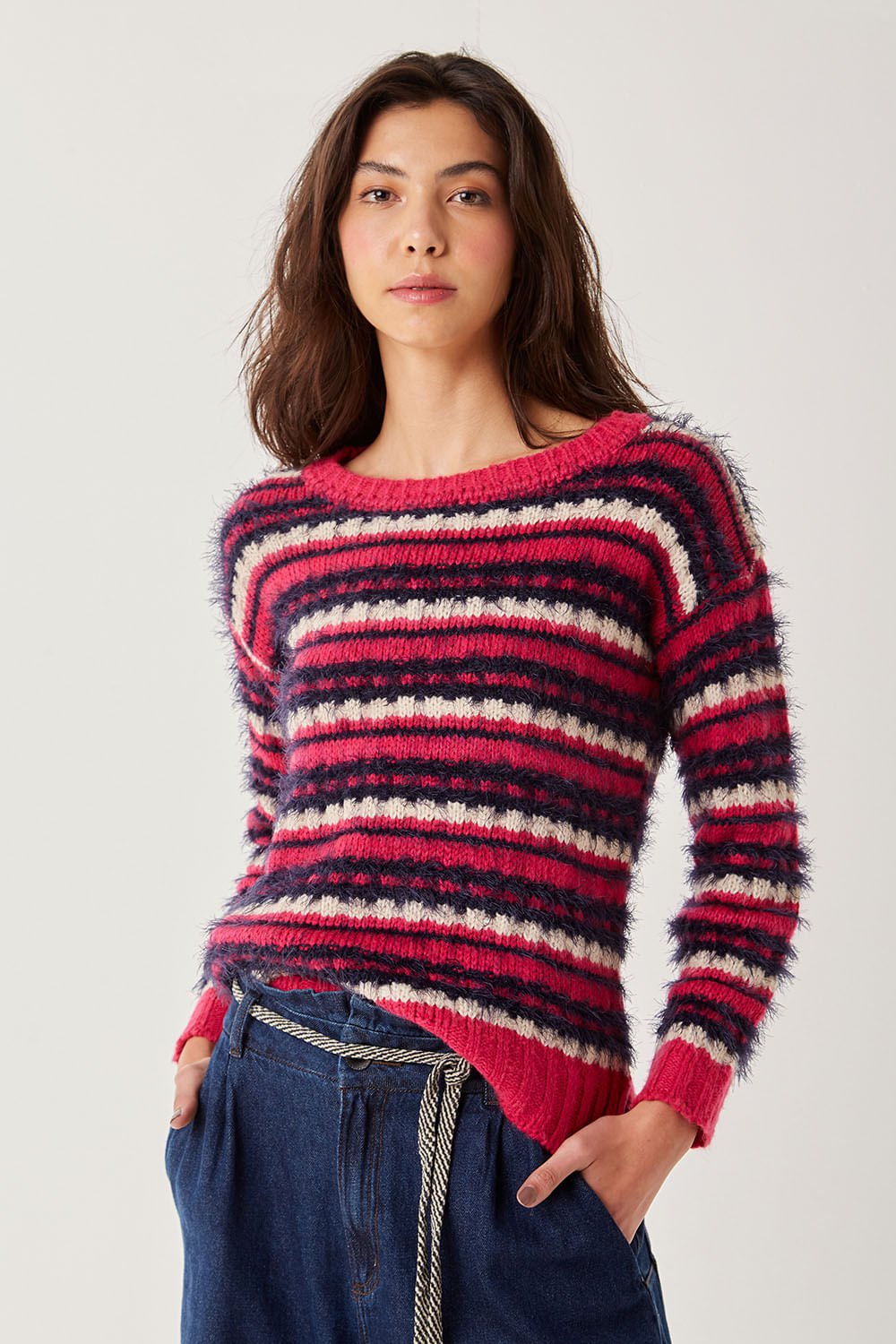 Suéter Listrado Textura Rosa