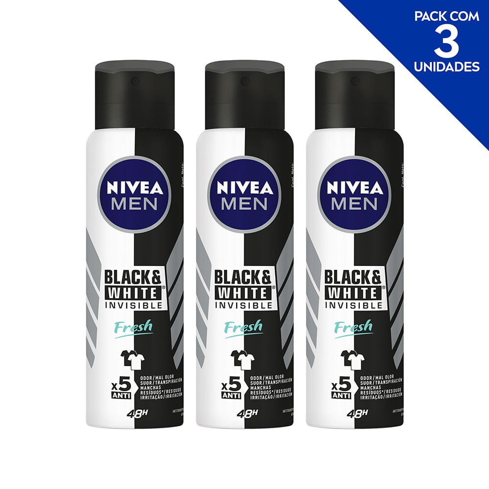 Desodorante Antitranspirante Aerosol NIVEA Men Invisible for Black & White Fresh 150ml- 3 unidades