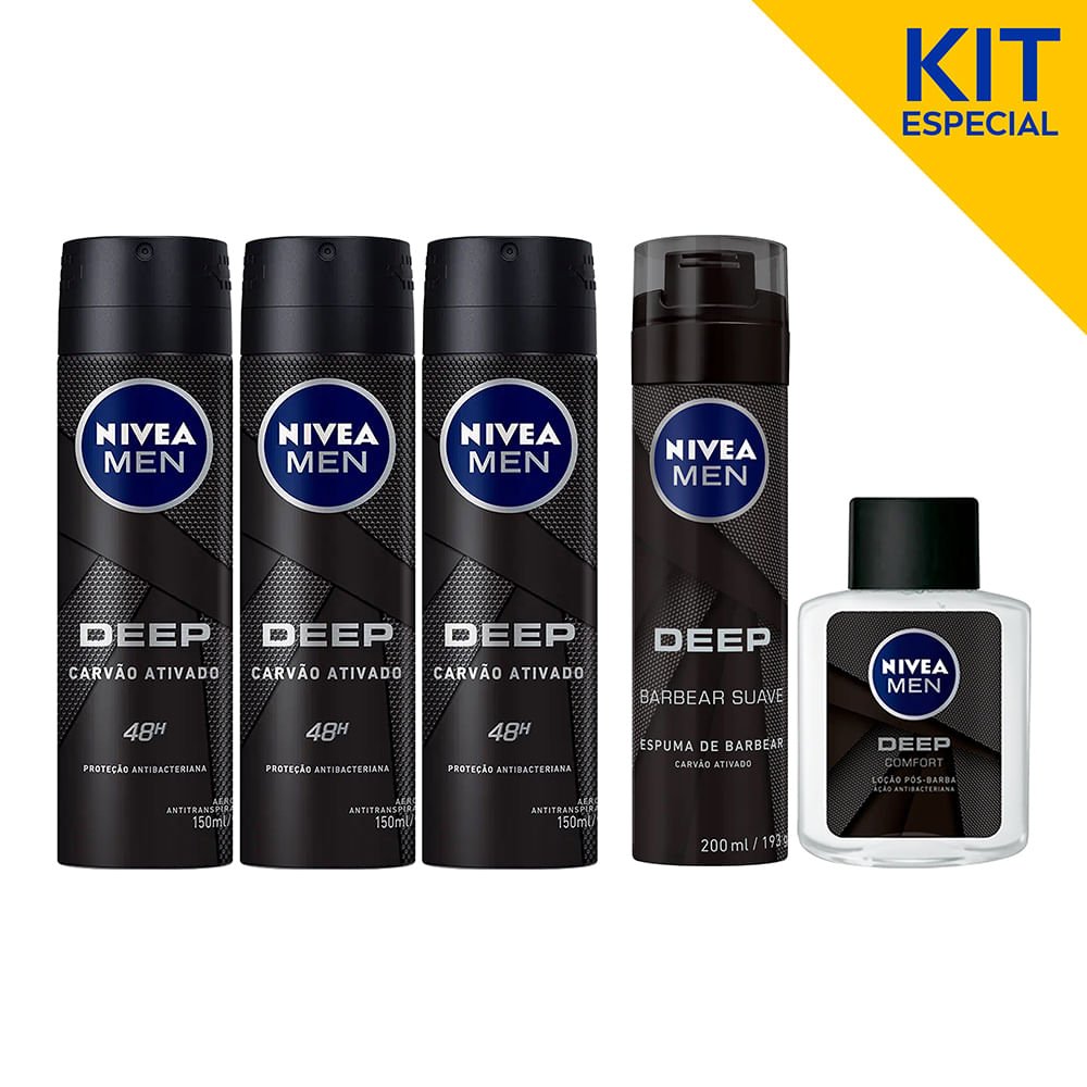 Kit Deep NIVEA -  Espuma de Barbear + Loção Pós Barba + 3 Desodorantes Antitranspirante Aerosol 150ml