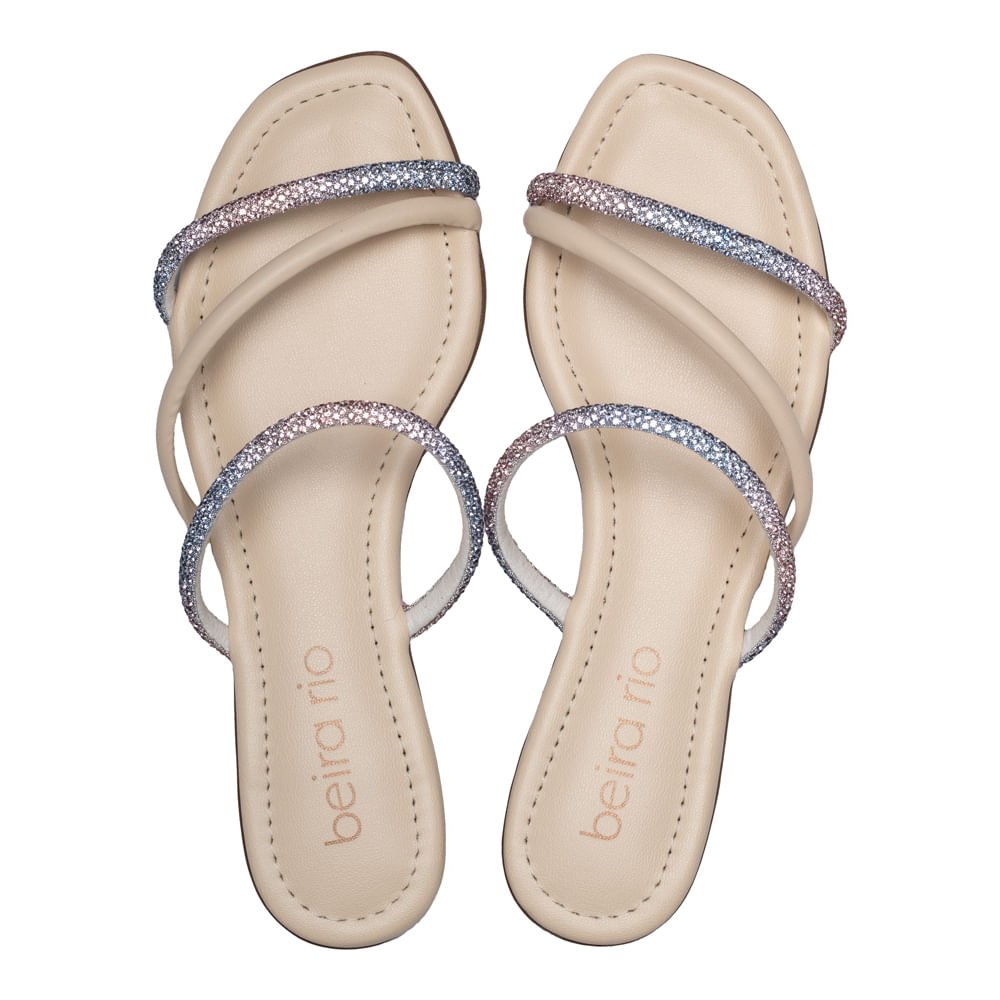 Rasteira Feminina Beira Rio Tiras com Strass Creme Creme 1
