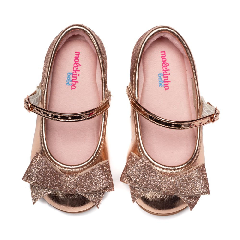 Sapato Infantil Molekinha Metalizado com Glitter Ouro Rosado Dourado 4