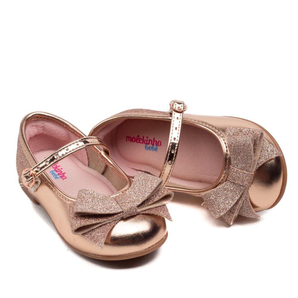Sapato Infantil Molekinha Metalizado com Glitter Ouro Rosado Dourado 5