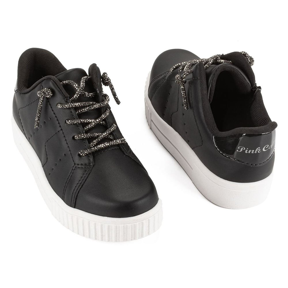 Tênis Infantil Pink Cats com Cadarço de Brilhos Menina Preto Preto 4