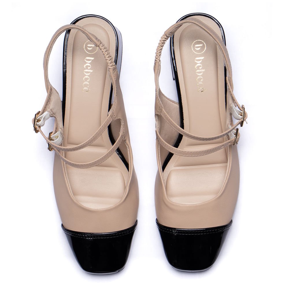 Sapato Feminino Bebecê Slingback Fivelas Nude/Preto Bege 4