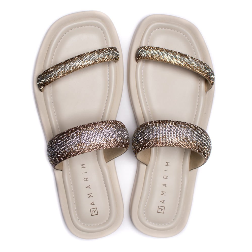 Rasteira Feminina Ramarim Tiras com Strass Off White