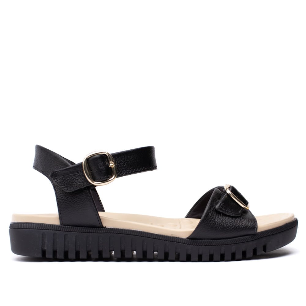 Sandália Feminina Comfortflex Papete em Couro com Fivela Preto