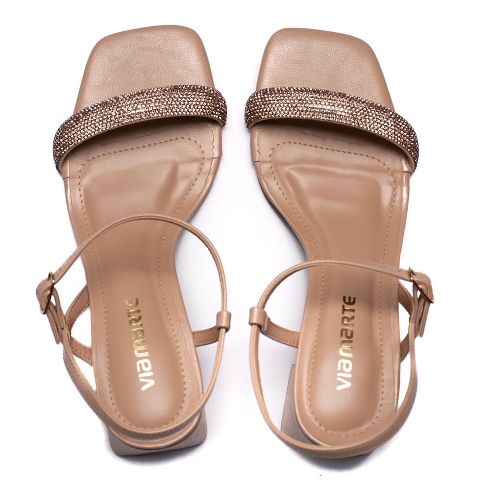 Sandália Feminina Via Marte de Salto Médio com Tira de Brilhos Nude Bege 4