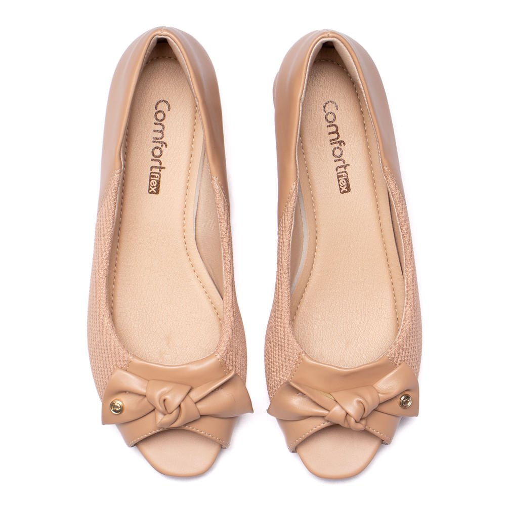 Sapato Feminino Comfortflex Peep Toe Salto Baixo Laço Caqui Bege 4