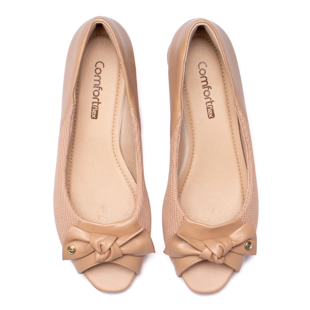 Sapato Feminino Comfortflex Peep Toe Salto Baixo Laço Caqui Bege 4