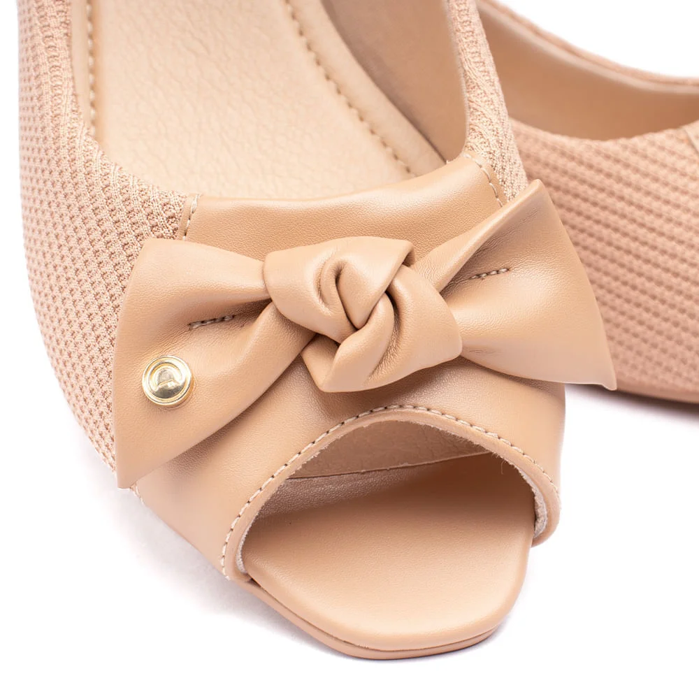 Sapato Feminino Comfortflex Peep Toe Salto Baixo Laço Caqui Bege 5