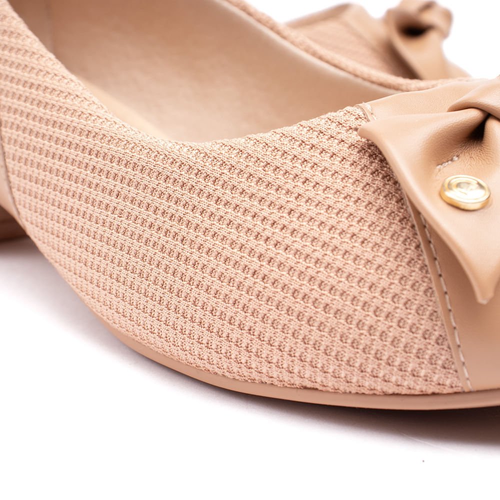 Sapato Feminino Comfortflex Peep Toe Salto Baixo Laço Caqui Bege 6