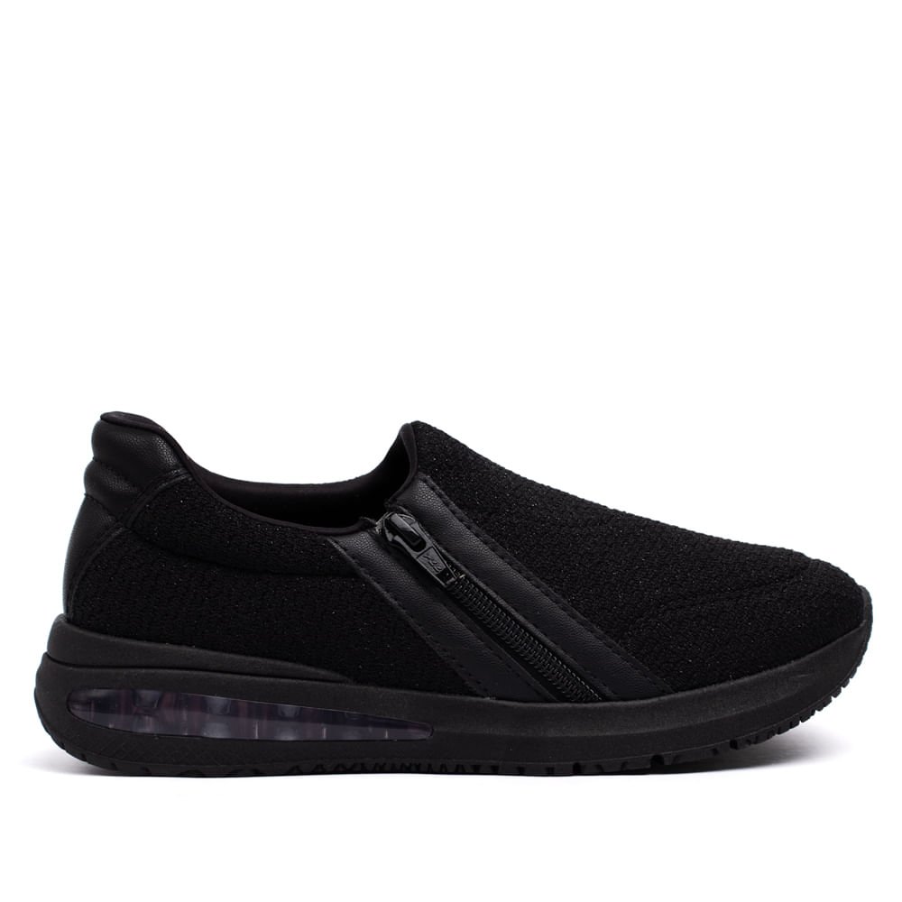 Tênis Feminino Comfortflex Tecido com Zíper Preto Preto 1