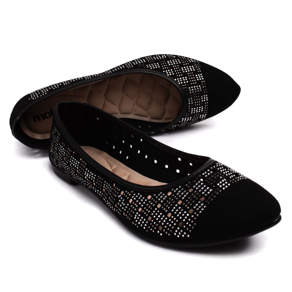 Sapatilha Feminina Moleca Paris Bico Fino com Pedrarias Preta Preto 5
