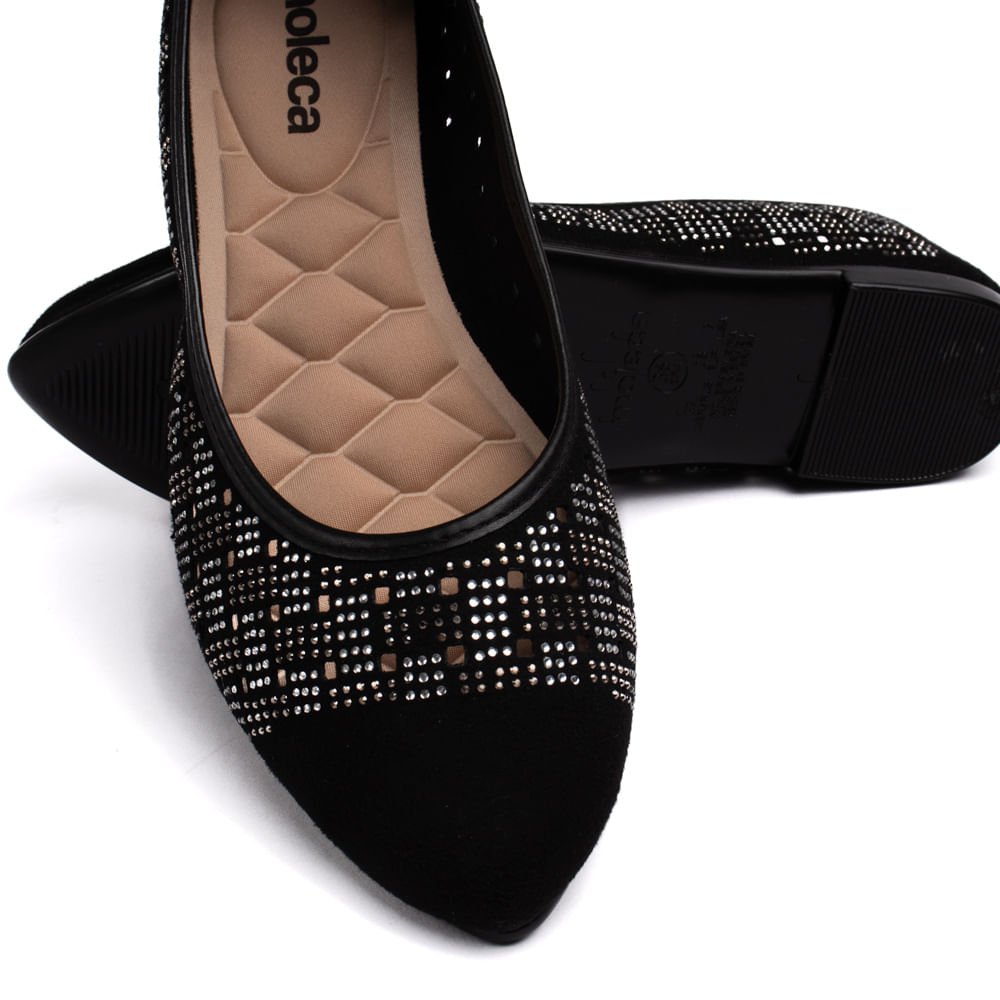 Sapatilha Feminina Moleca Paris Bico Fino com Pedrarias Preta Preto 6
