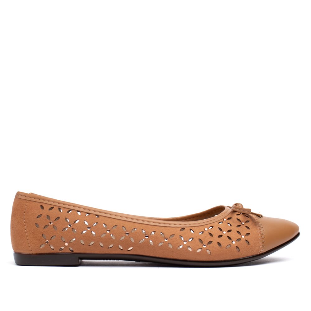 Sapatilha Feminina Moleca Lírios Bico Fino Napa com Pedrarias Caramelo