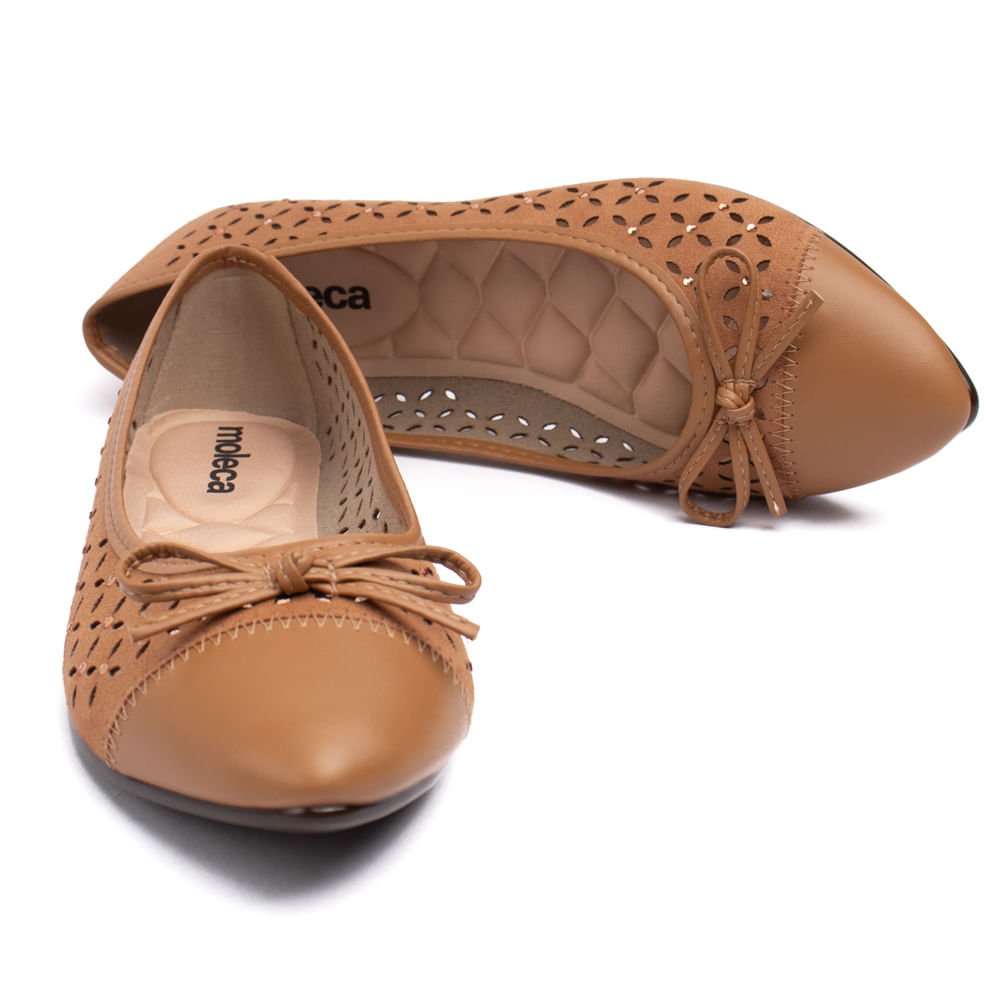 Sapatilha Feminina Moleca Lírios Bico Fino Napa com Pedrarias Caramelo Marrom 6