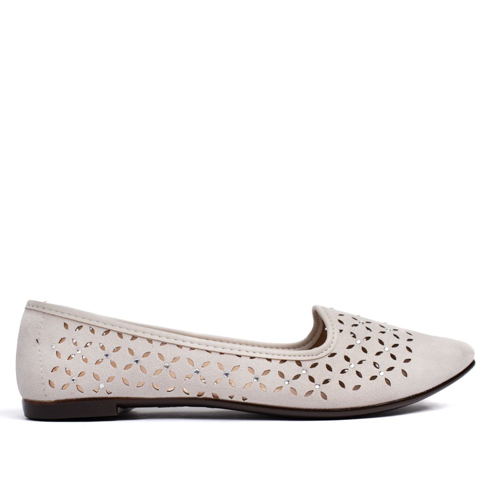 Sapatilha Feminina Moleca Lírios Bico Fino com Pedrarias Cinza Claro