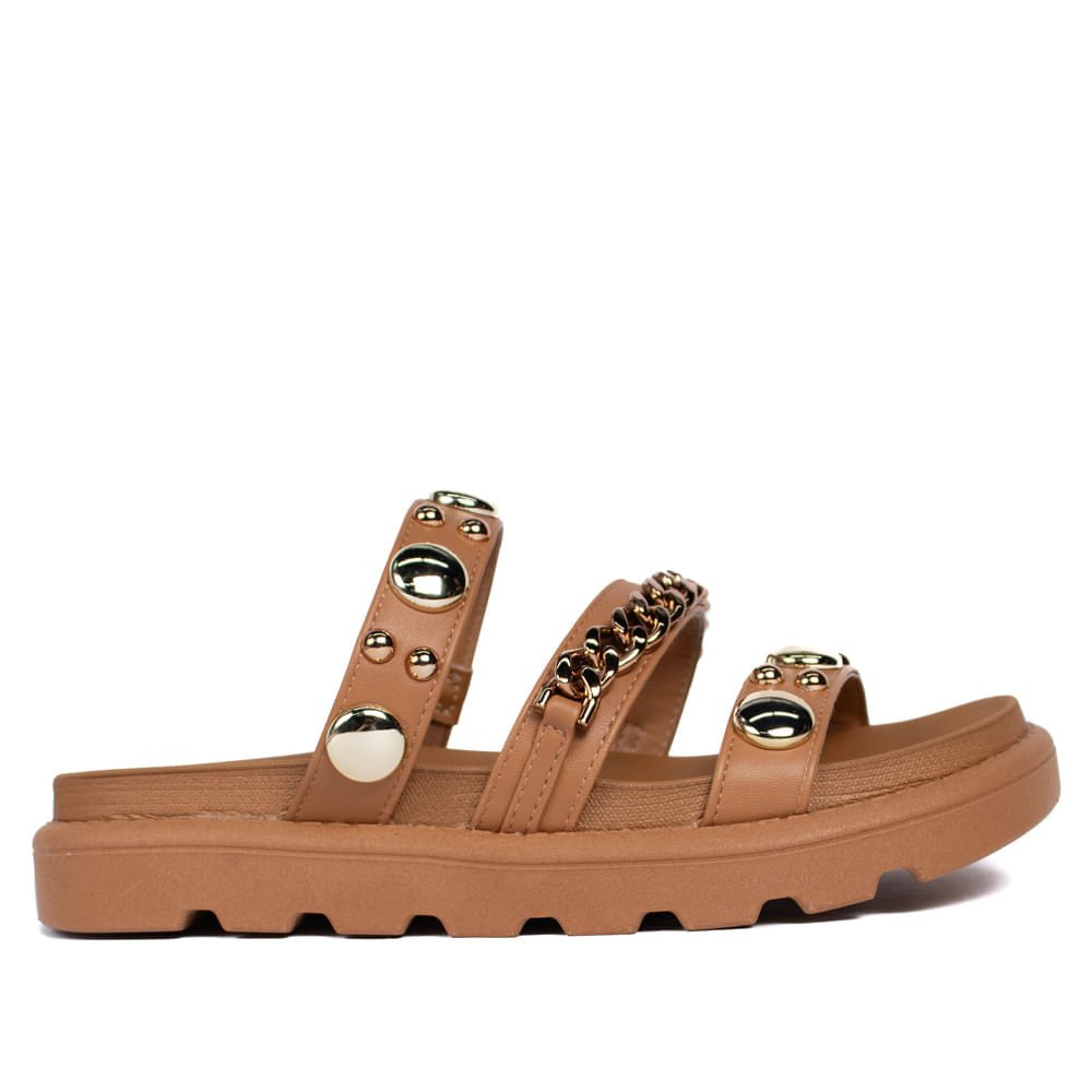 Chinelo Slide Feminino Vizzano com Corrente e Metais Caramelo Marrom 2