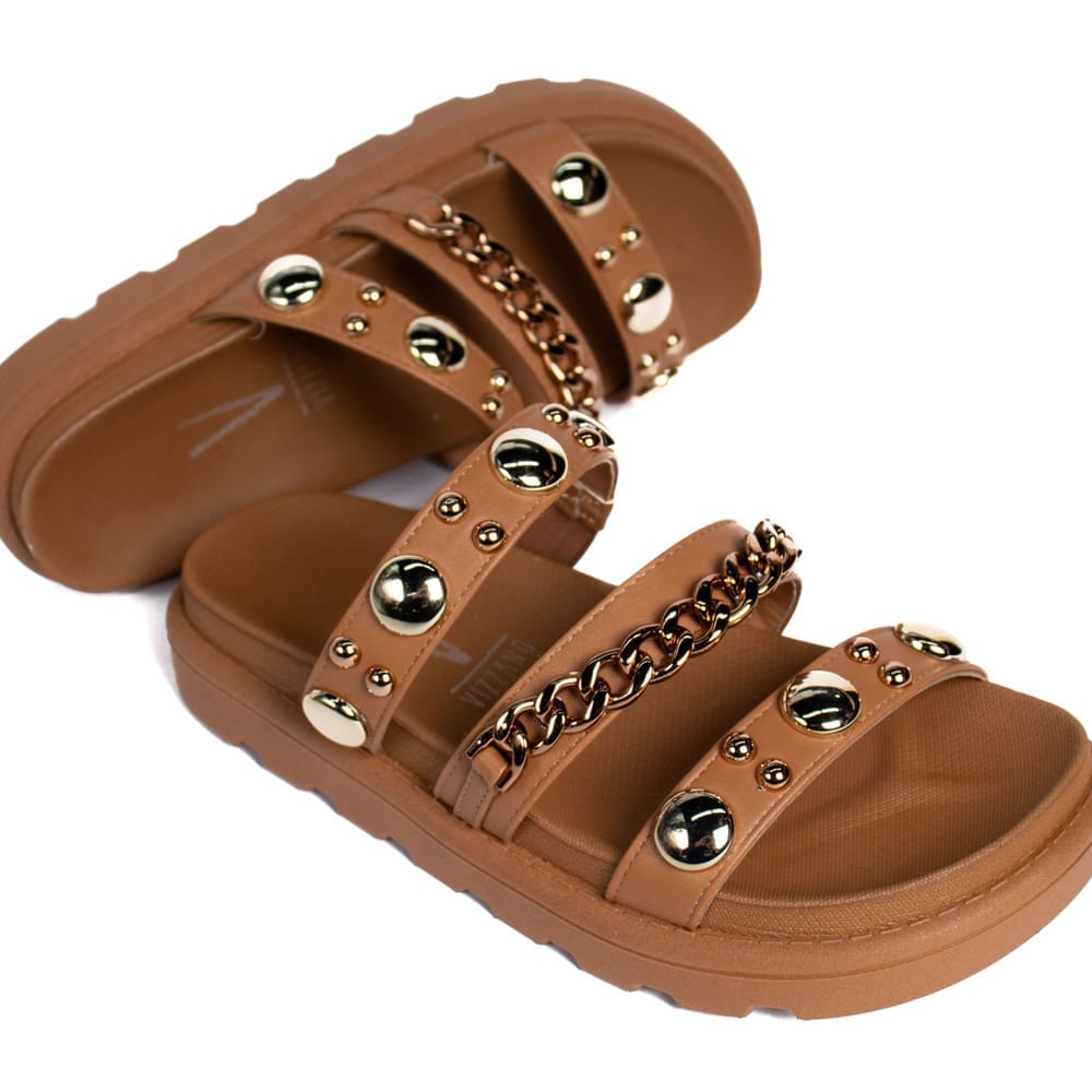 Chinelo Slide Feminino Vizzano com Corrente e Metais Caramelo Marrom 5