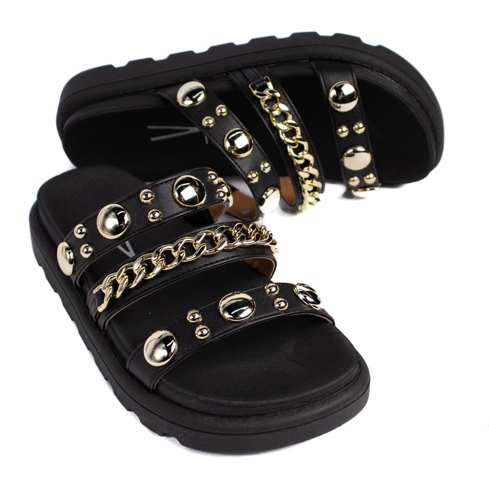 Chinelo Slide Feminino Vizzano com Corrente e Metais Preto Preto 5