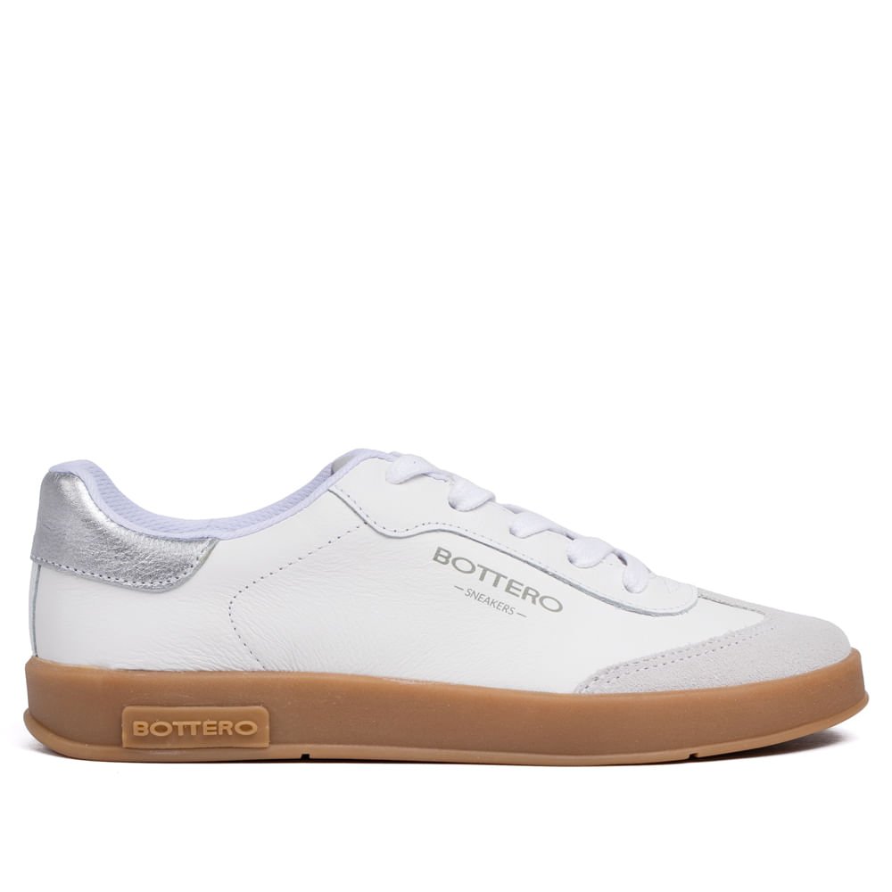 Tênis Feminino Bottero em Couro Detalhe Metalizado Branco/cinza