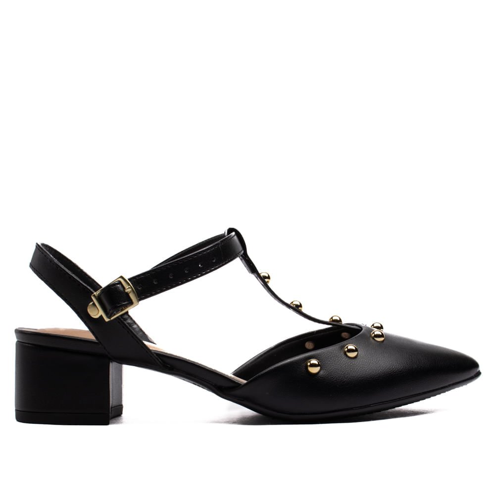 Sapato Feminino Beira Rio Bico Fino Napa com Detalhes Dourados Preto