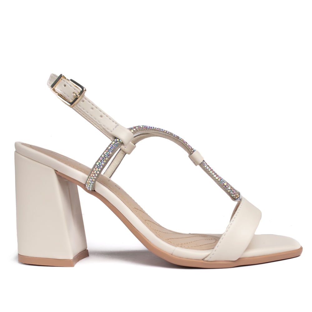 Sandália Feminina Ramarim Napa Salto Bloco com Pedrarias Off White