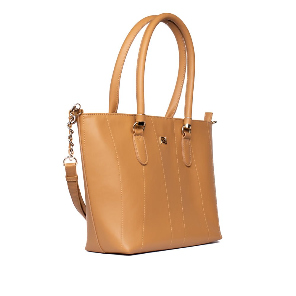 Bolsa Feminina Rafitthy Tiracolo Grande com Correntes e Costuras Caramelo Marrom 3