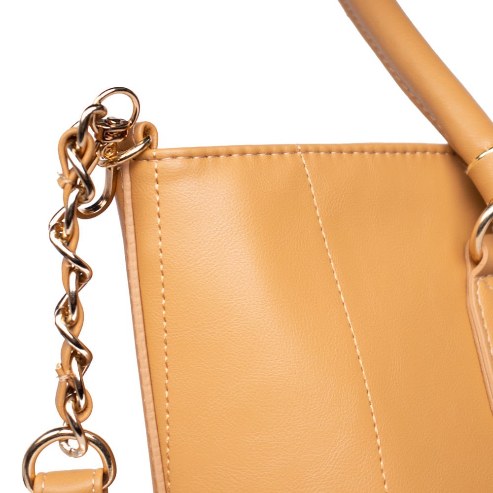 Bolsa Feminina Rafitthy Tiracolo Grande com Correntes e Costuras Caramelo Marrom 4