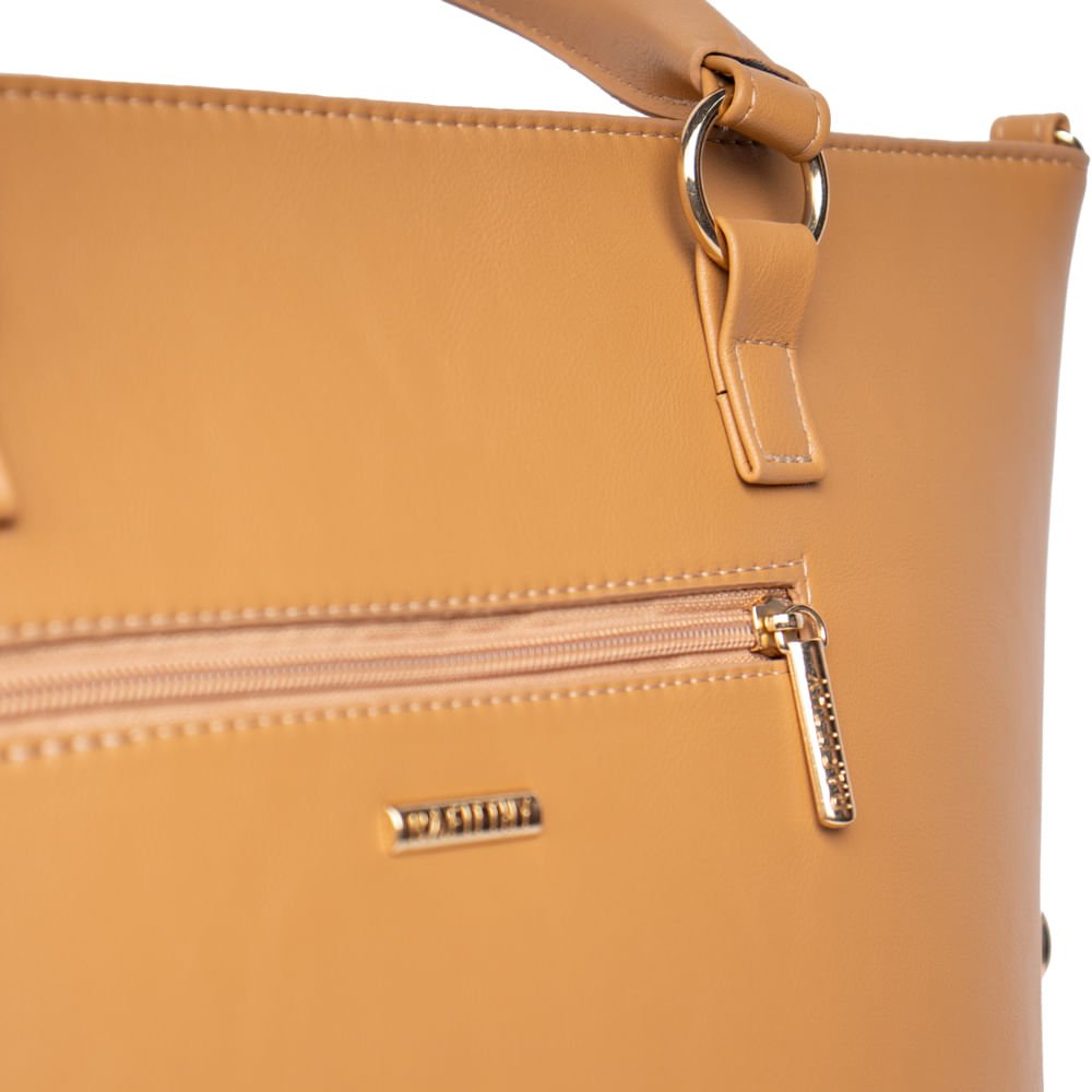 Bolsa Feminina Rafitthy Tiracolo Grande com Correntes e Costuras Caramelo Marrom 5