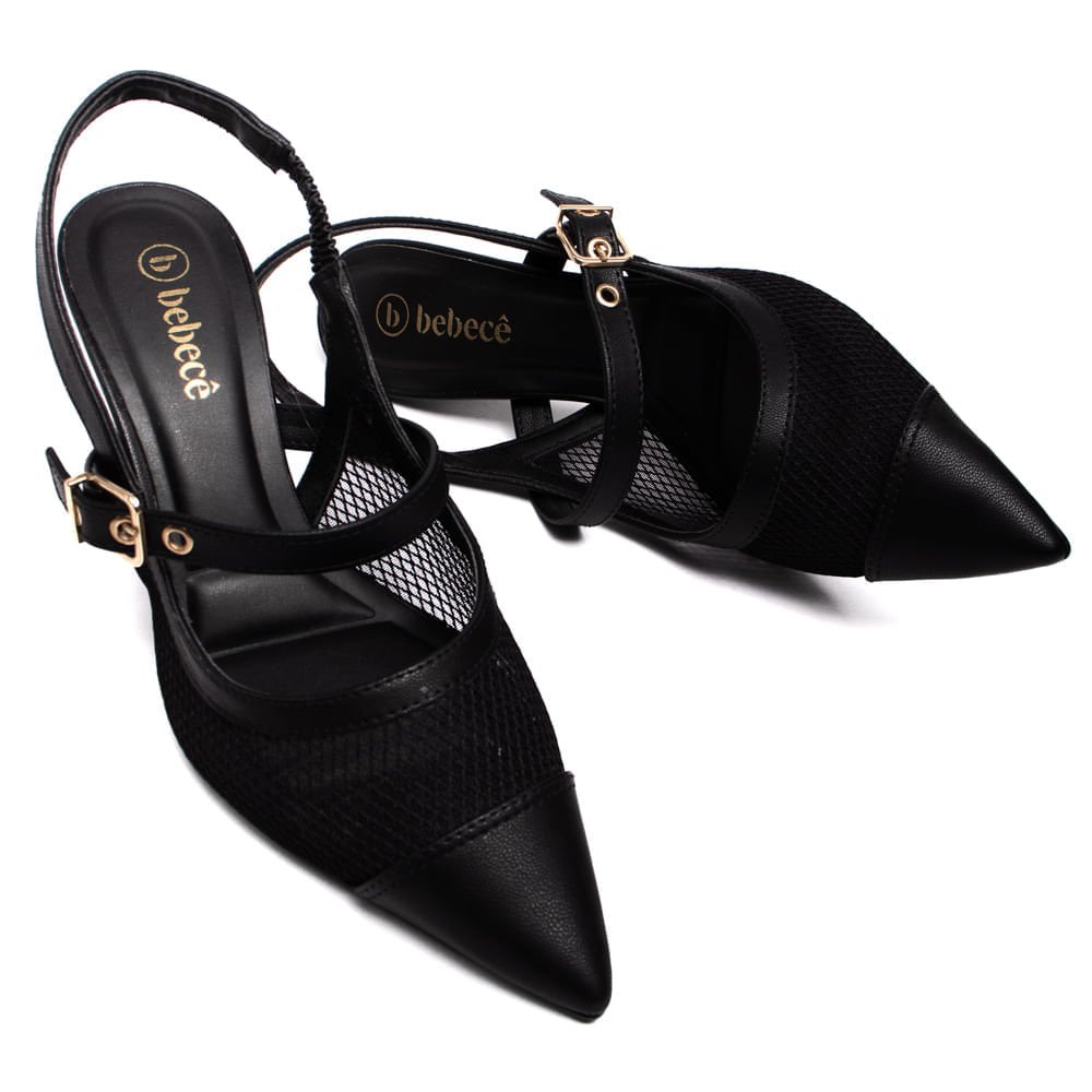 Scarpin Feminino Bebecê Salto Fino Semi Aberto com Fivela e Tela Preto Preto 5