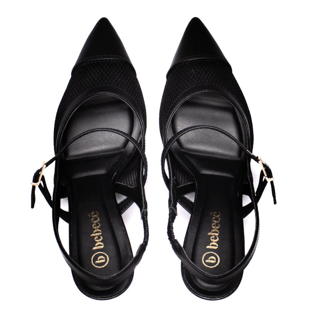Scarpin Feminino Bebecê Salto Fino Semi Aberto com Fivela e Tela Preto Preto 4