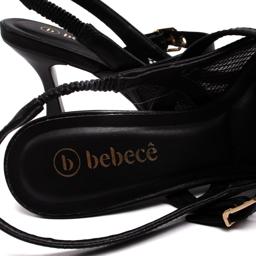 Scarpin Feminino Bebecê Salto Fino Semi Aberto com Fivela e Tela Preto Preto 6