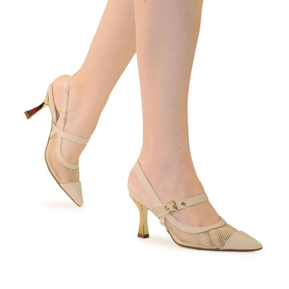 Scarpin Feminino Bebecê Slingback com Bico Fino Creme Bege 4