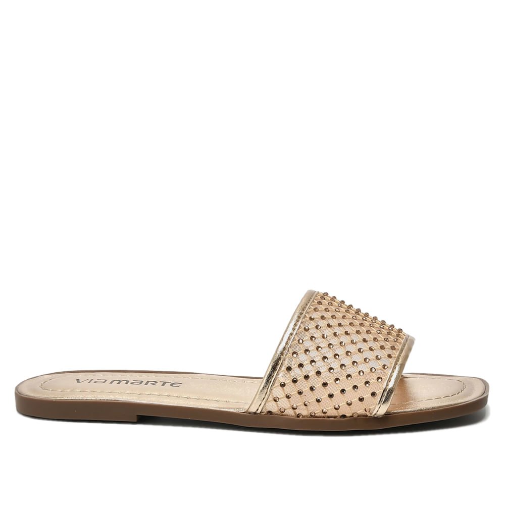 Rasteira Feminina Via Marte Tira Larga em Tela com Pedrarias Dourada Dourado 1