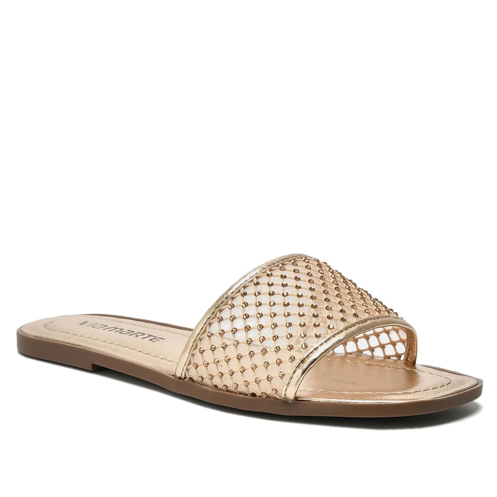 Rasteira Feminina Via Marte Tira Larga em Tela com Pedrarias Dourada Dourado 2