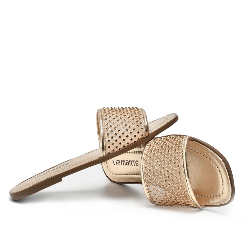 Rasteira Feminina Via Marte Tira Larga em Tela com Pedrarias Dourada Dourado 3