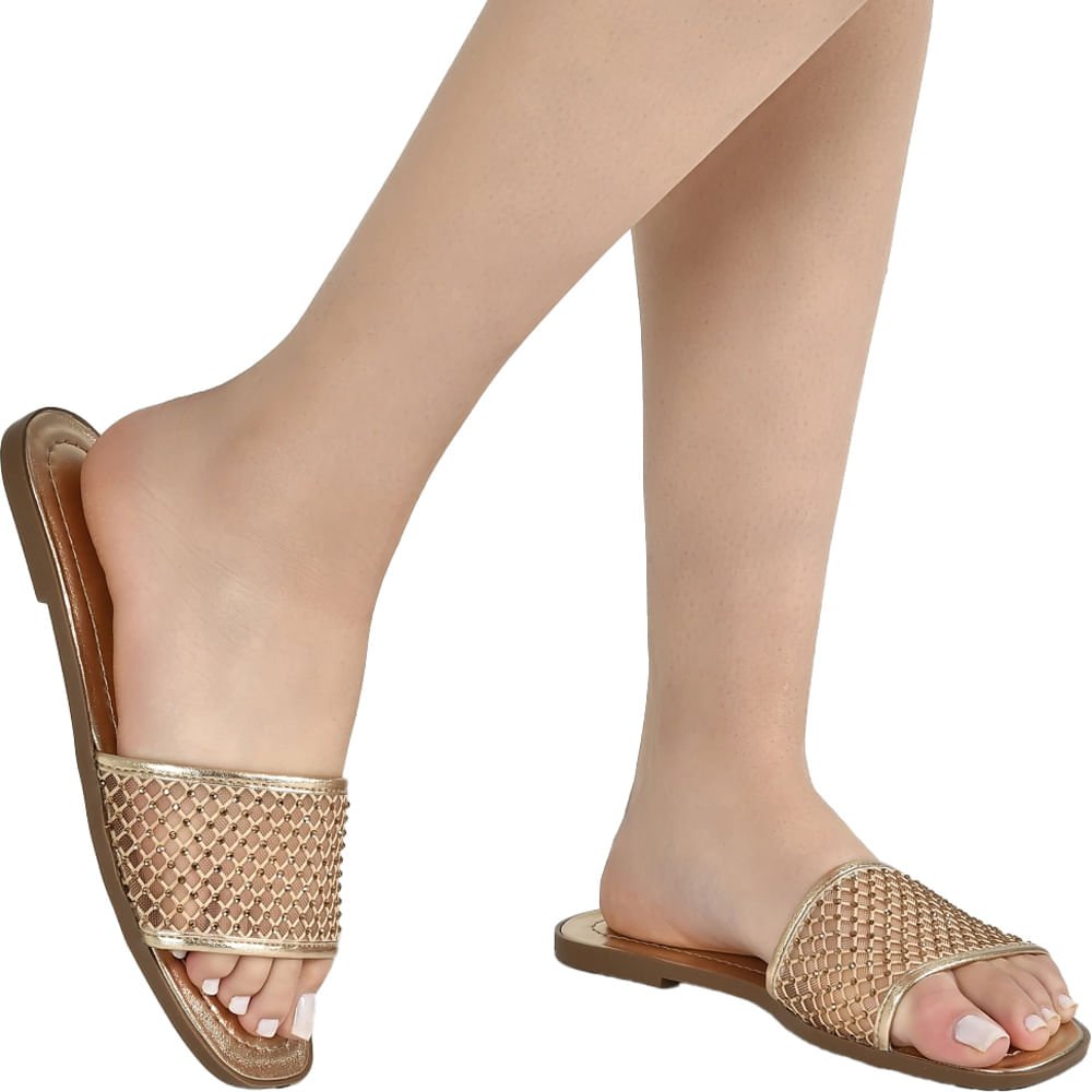 Rasteira Feminina Via Marte Tira Larga em Tela com Pedrarias Dourada Dourado 4