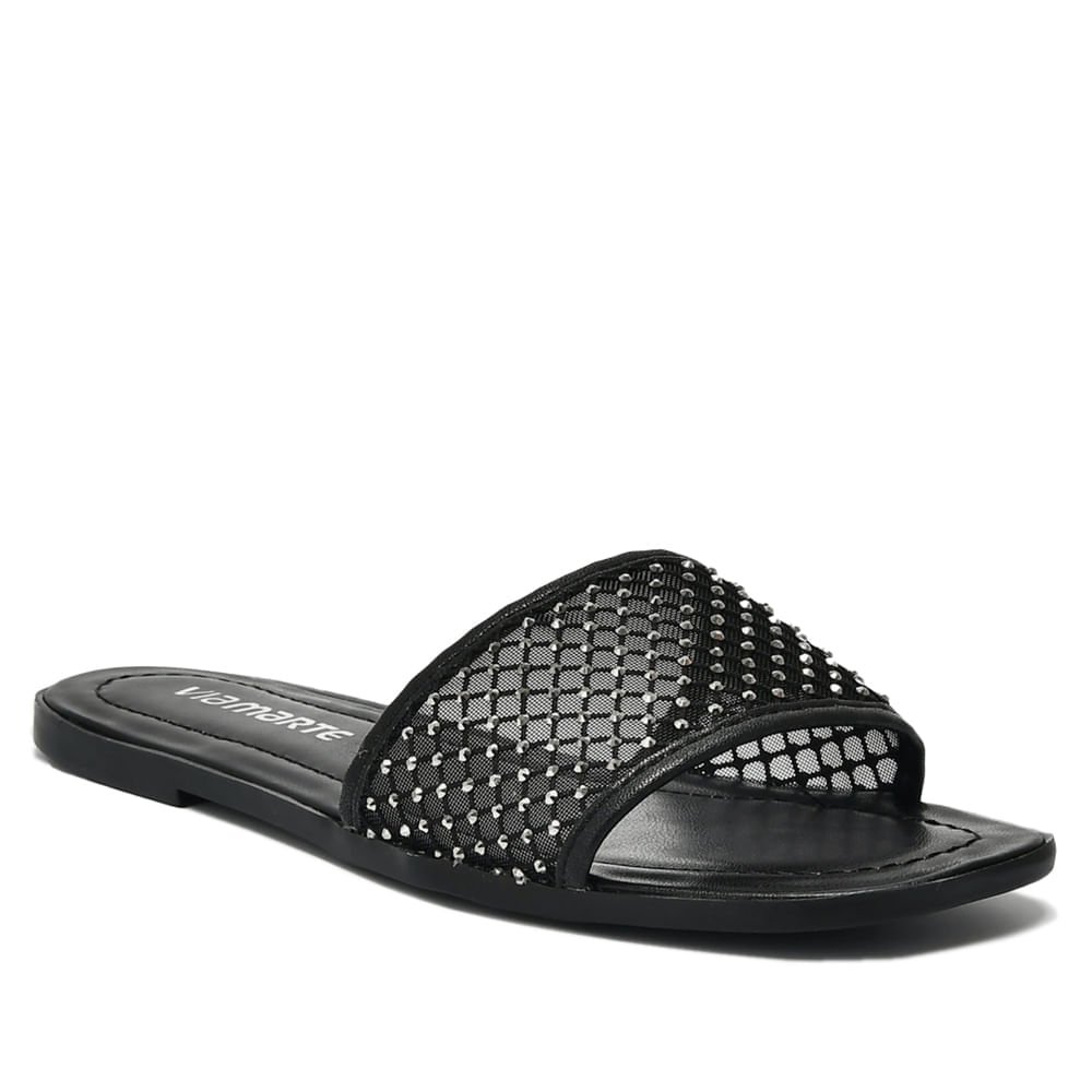 Rasteira Feminina Via Marte Tira Larga em Tela com Pedrarias Preta Preto 2